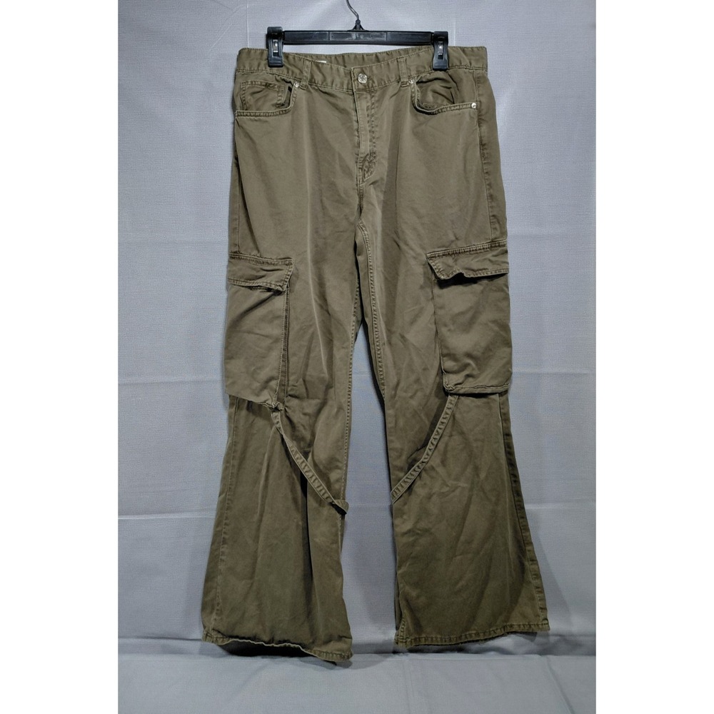 Zara TRF Mid Rise Cargo Pants Green Women's Sz 12 Wide Leg Streetwear Grunge